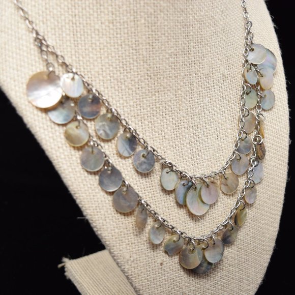 Reversible Double Layer Shell Round Disc Necklace Abalone Silvertone - Picture 3 of 12